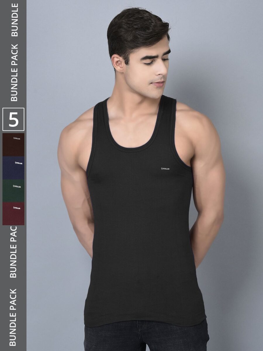 Dollar Bigboss Men's Pack of 5 Solid Combed Cotton Shrinkless Vest