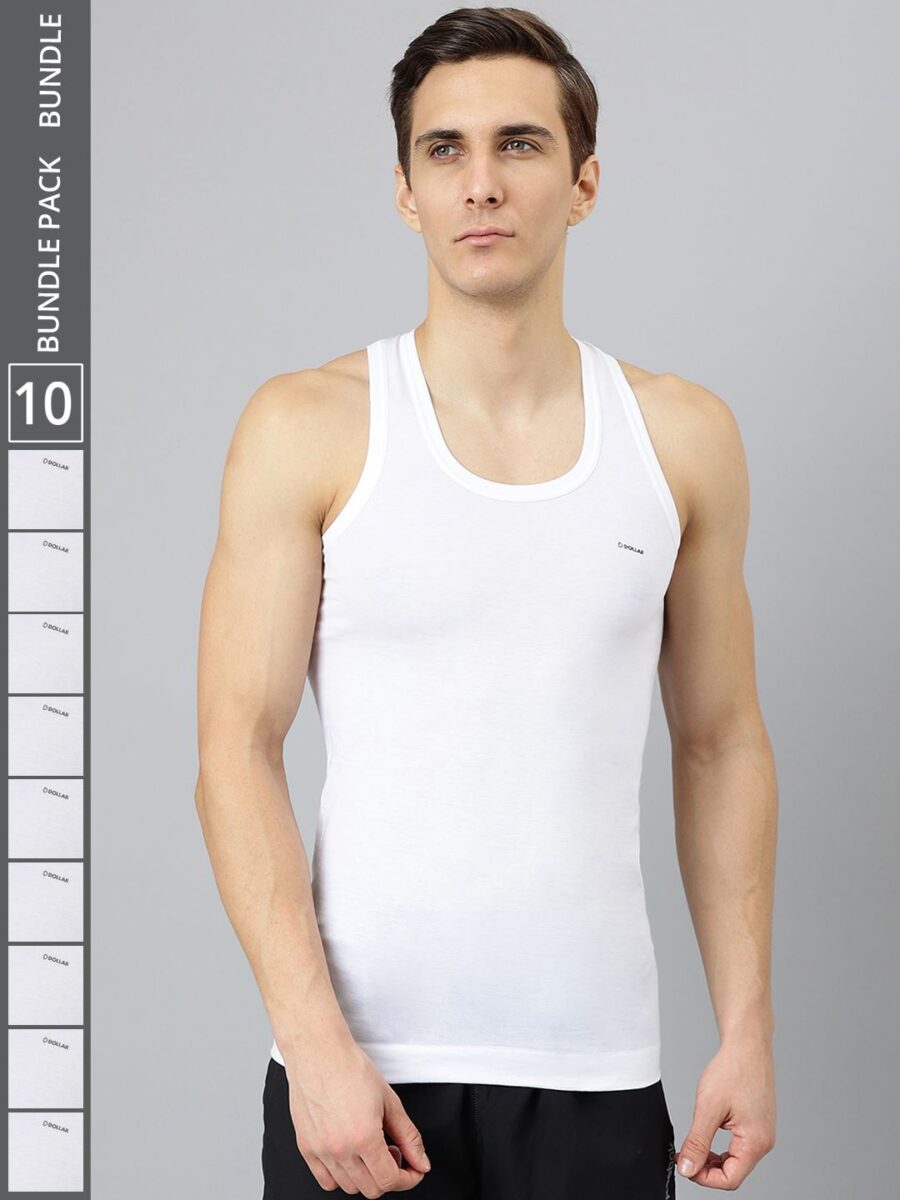 Dollar Bigboss Men's Pack of 10 Solid Combed Cotton Shrinkless Vest