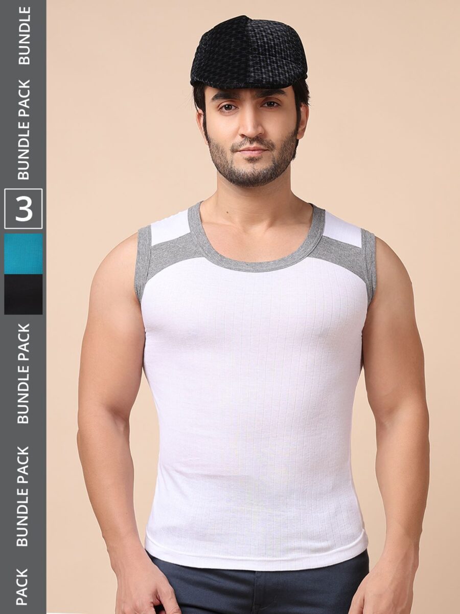 Dollar Bigboss Men's Pack of 3 Solid Combed Cotton Racerback Styled Gym Vest