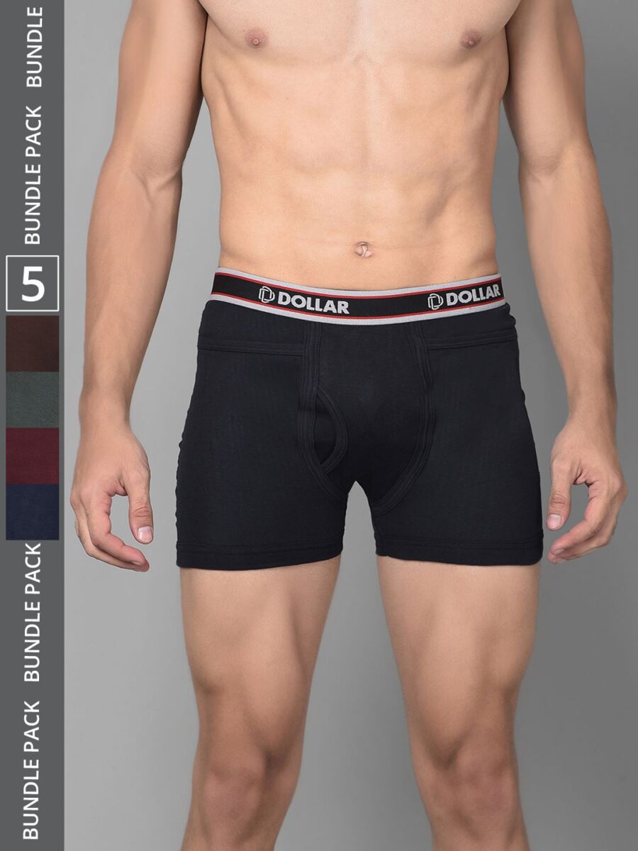 Dollar Bigboss Men's Pack of 5 Solid Combed Cotton Intrerlock Pocket Trunk