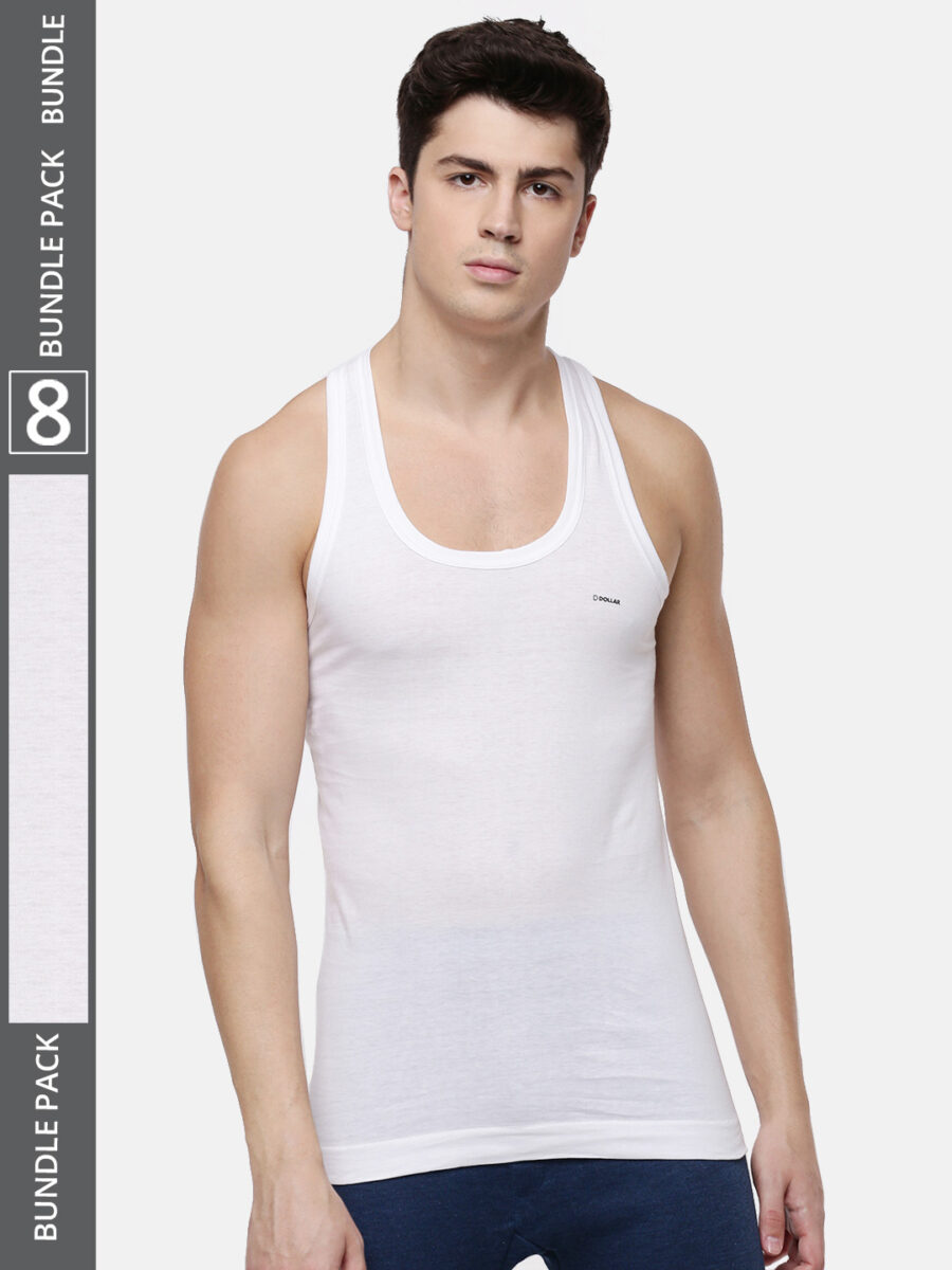 Dollar Lehar Men's White Pack of 8 Combed Cotton Vest